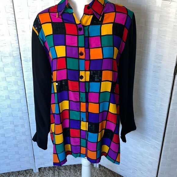 Diane Gilman Tops - Vintage Diane Gilman Silk Color Block Stain Glass Sequined Button Front Blouse M